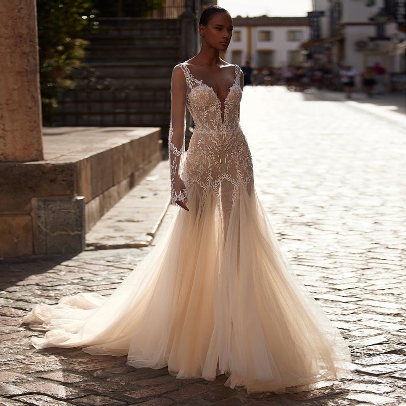 Graceful Mermaid Beaded Wedding Dresses Backless Lace Bridal Gowns Long Sleeves Sheer Plunging Neckline Sweep Train Tulle Vestido De Novia