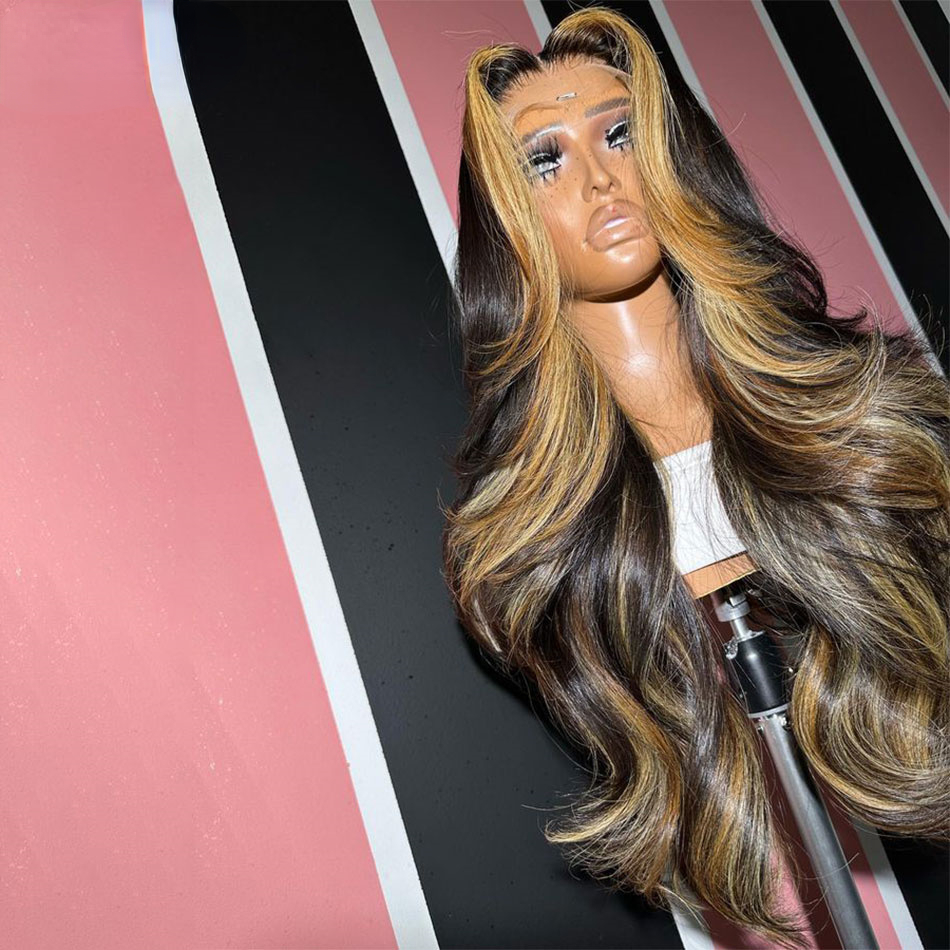 Highlight Ombre Blonde Black 13x4 Lace Frontal Wavy Human Hair Wigs 180% 34Inch Body Wave Lace Front Wigs Glueless Synthetic Wig