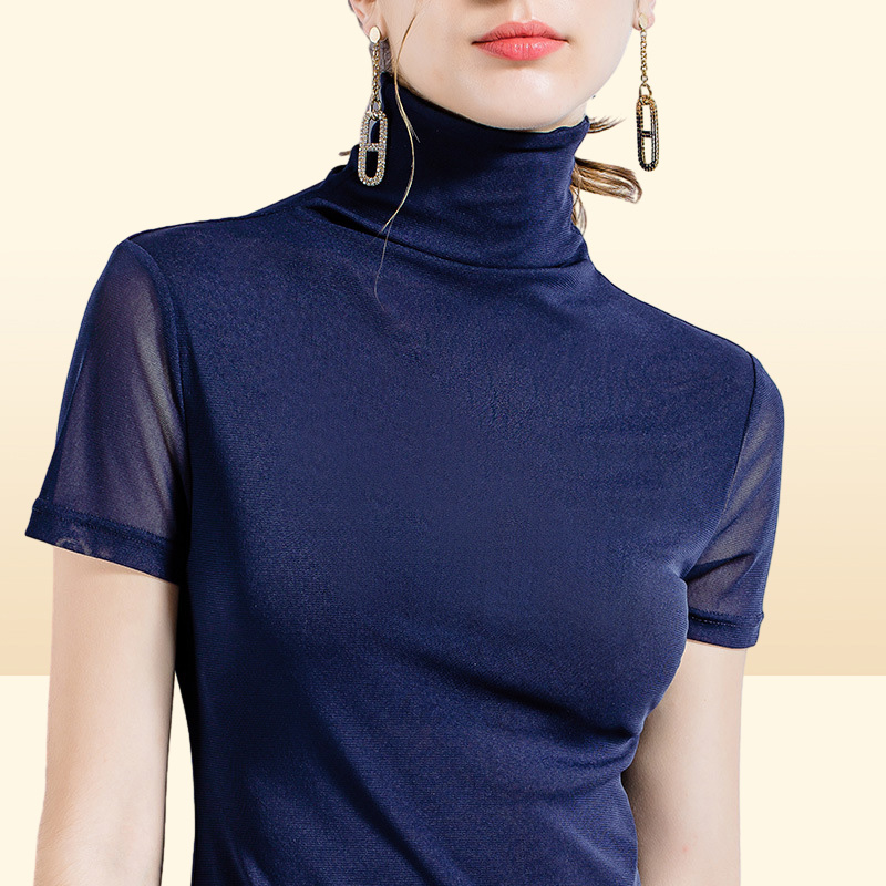 Womens Short Sleeve TShirt Womens Turtleneck Mesh Bottoming Shirt Summer New Solid Color Tight Shirt Asian Size4835001