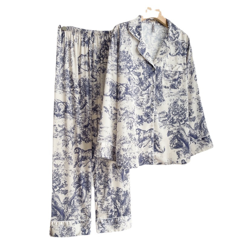 Women S Home Wear Sleepwear 999 Silk Pamas Summer Ice Long Sleeved Long Pants Two-piece Set Women S Simple Casual Loose Home Sexy