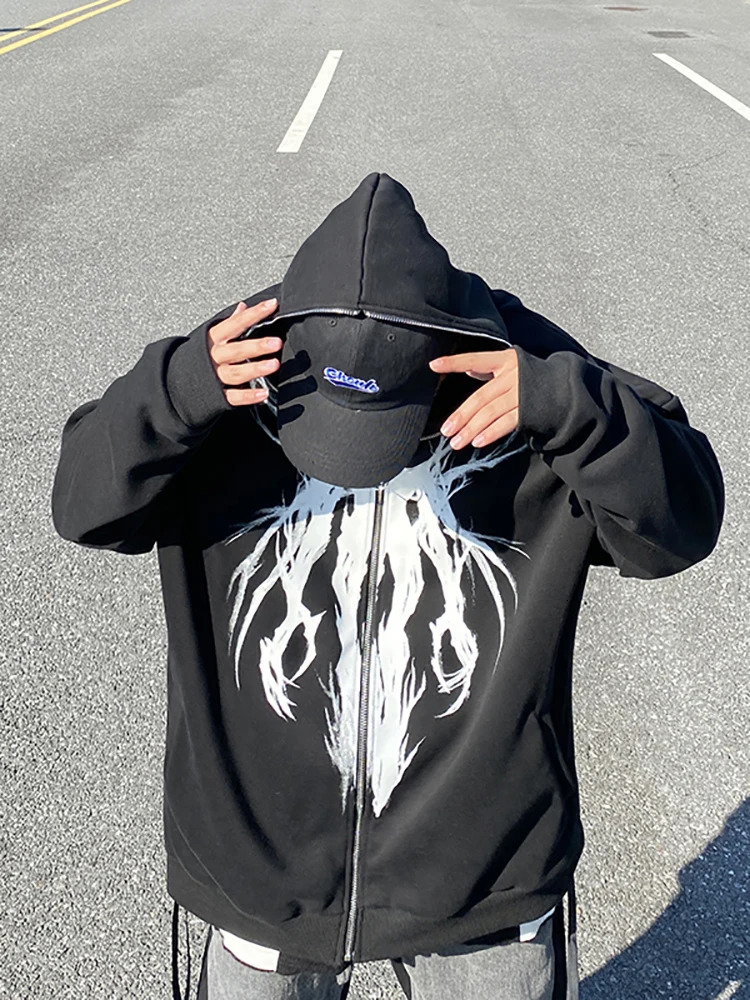 Hoodies Anime Oversized Hoodie Men's Clothing Goth Hip Hop Print Harajuku Sweatshirt Zip up Top Women Kawaii Hooded Y2k Clothes 240117