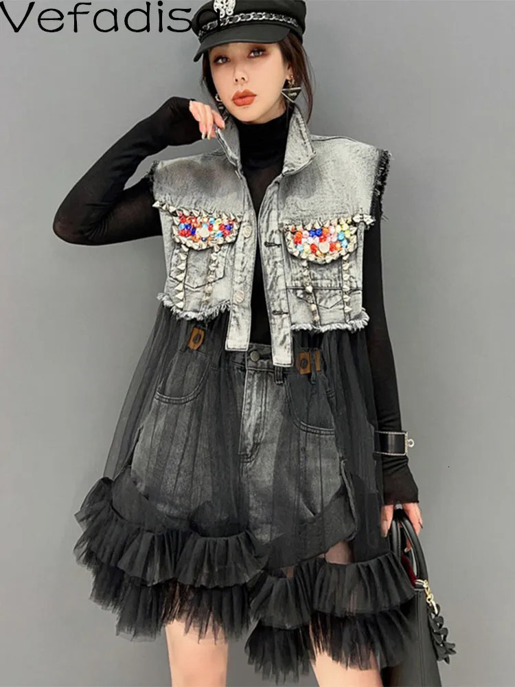 Vefadisa 2023 Spring Summer Lapel Sleeveless Denim Vest Coat Loose Mesh Splicing Colour Diamonds Irregular Women LHX3315 240117