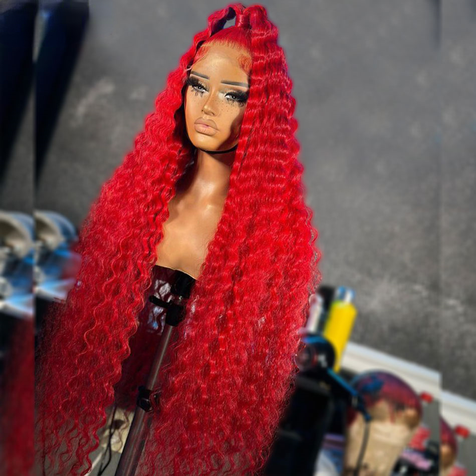 Free shipping Peruvian Red Color 180% Water Wave Front Human Hair PrePlucked Transparent Lace 13X4 Frontal Synthetic Curly Wigs for Women