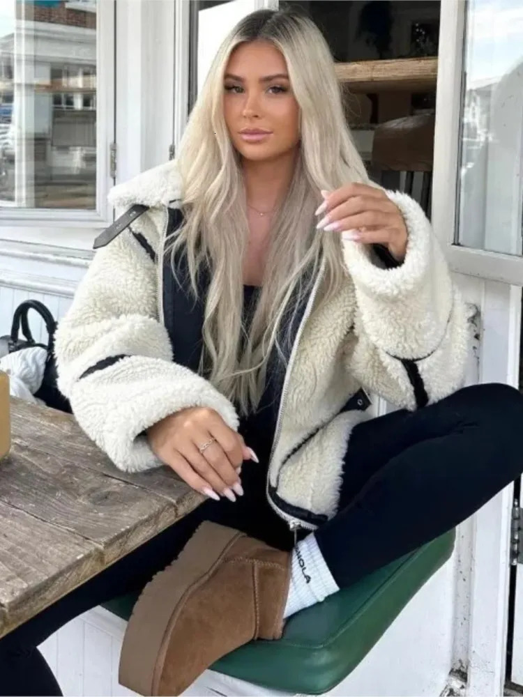 Fashion White Patchwork Women Lamb Wool Jacket Female Lapel Long Sleeve Zipper Coats Winter Lady Warm Loose Streetwear Jackets 240117