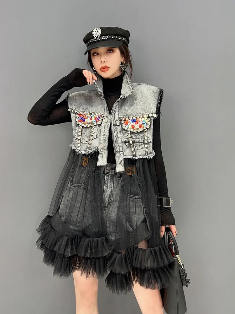 Vefadisa 2023 Spring Summer Lapel Sleeveless Denim Vest Coat Loose Mesh Splicing Colour Diamonds Irregular Women LHX3315 240117