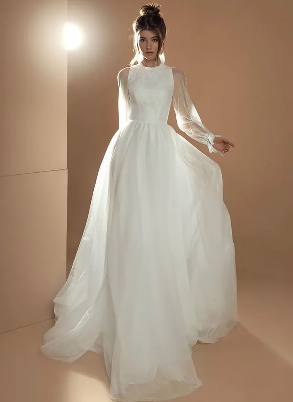 White Wedding Dresses Ivory Bridal Gowns Formal Tulle Custom Zipper Lace Up Plus Size New High Neck Long Sleeve Lace Floor-Length