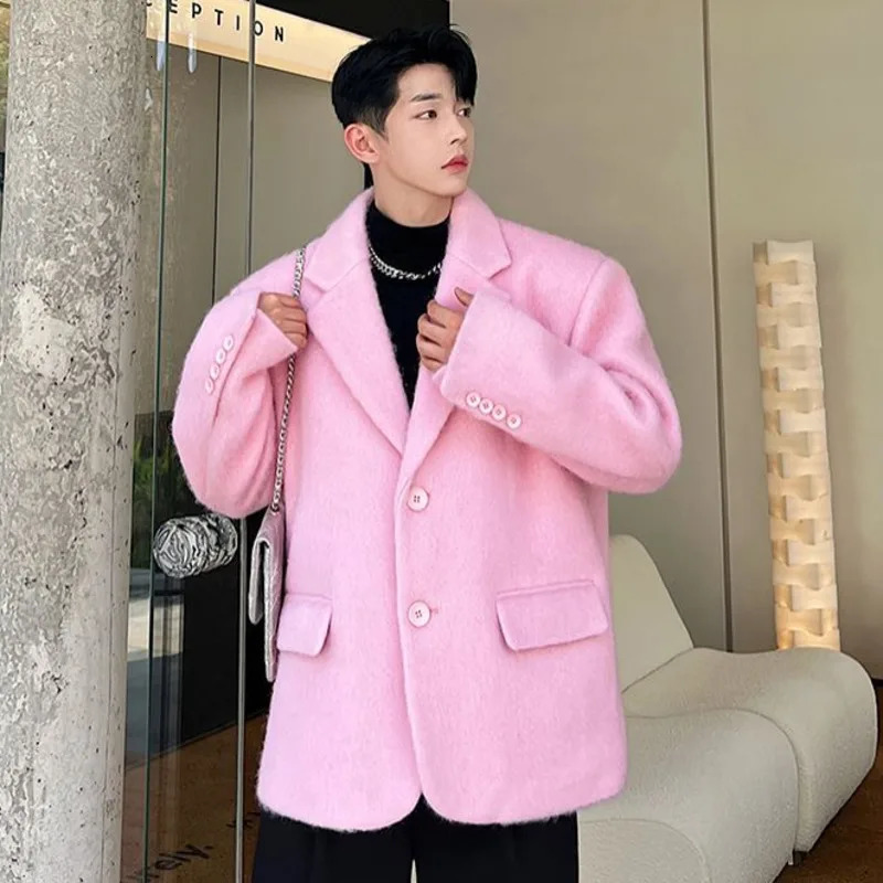 IEFB Korean Chic Male Woolen Jacket Fashion Lapel Single Breasted Pocket Coat 2023 Autumn Winter Casual Men Clothing Pink 9C2886 240117
