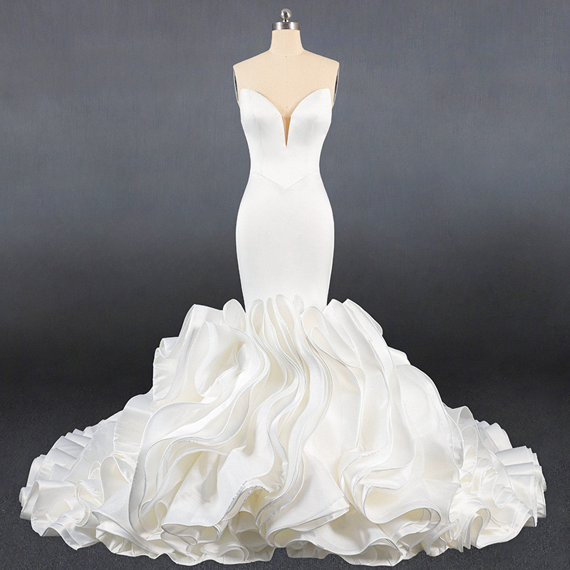 2024 Elegant Satin Mermaid Wedding Dresses New Ruffles Bridal Gown Chapel Sexy Neck Long Train Tulle White Boho Custom Made Plus Size Vestidos De Novi