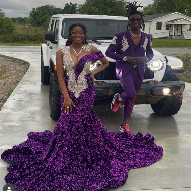 Shine Purple Sequin Prom Dress With Diamond Crystal Off Shoulders Plus Size Mermaid Evening Gowns Black Girls South African Formal Party Dress 2024 Ro
