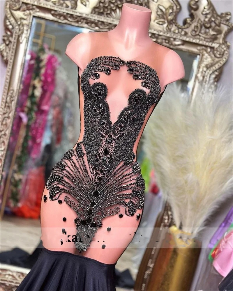 New Arrival Beads Prom Illusion Glitter Bead Crystal Rhinestones Gown For Black Girls Birthday Party Dress 0431