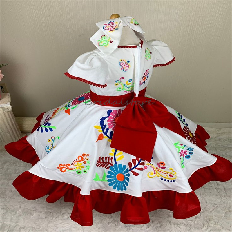Princess Charro Mexicanes Flower Girls Dresses 2025 O Neck Short Sleeve Embroidery Kids Pageant Wedding Dress Caramuza Toddler Dress With Red Sash Bow