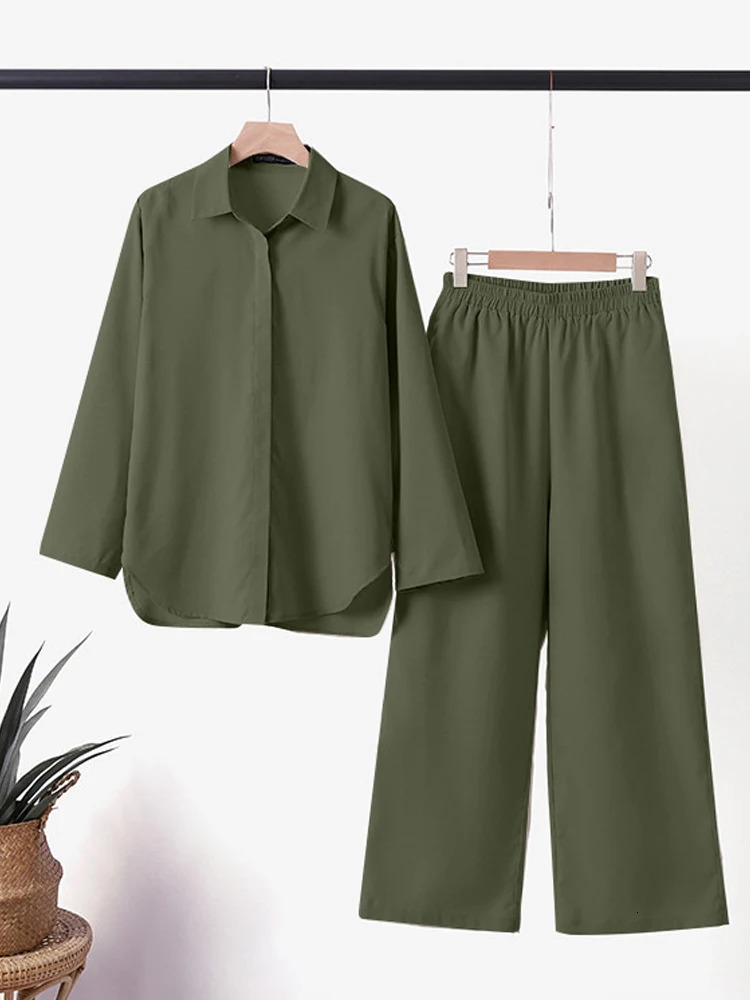 Cotton Linen Sets of Two Pieces for Women Summer Wide Leg Pants with Shirts Outfits Button Up Blouses Women's Trouser Suits 240117