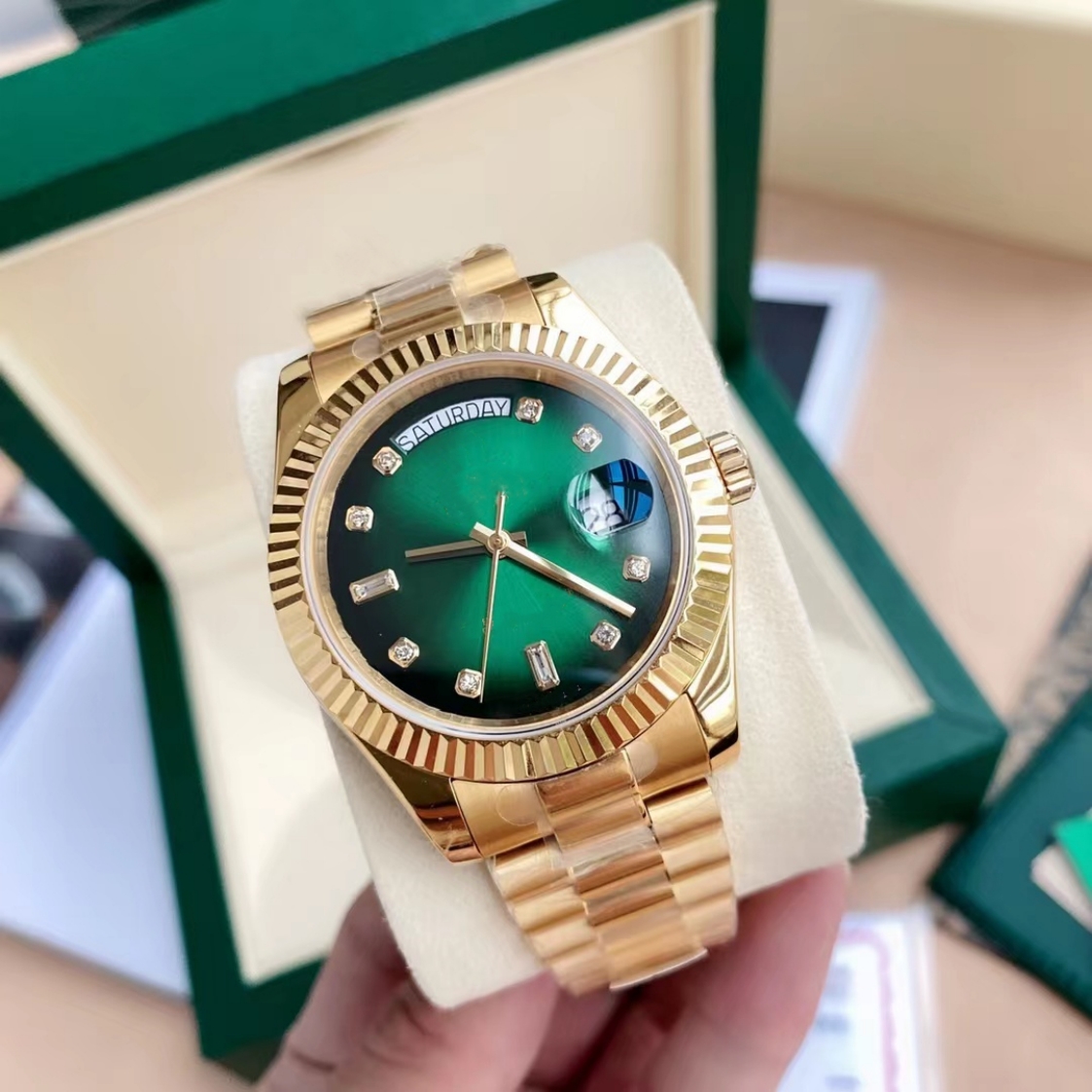 Original box certificate 18k Gold President Male 41mm Watches Day Date Diamonds Green dial Watch Men Stainless Diamond Bezel Automatic WristWatch 89