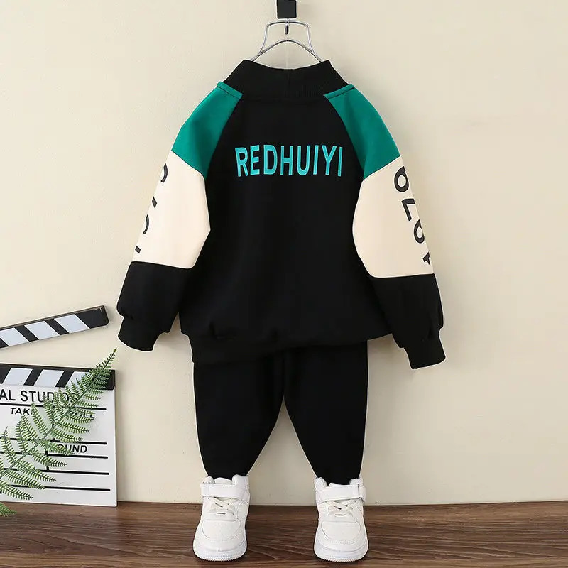Boys Clothes Fleece Warm Hoodies Trousers Sets Kids Autumn Winter Letter Printed Sweatshirts Pants Outfits Baby Tracksuit 2-10Y 240117