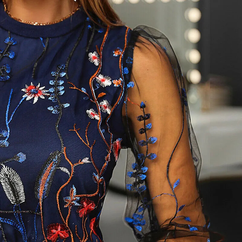 Women Patchwork Mesh Embroidered Floral Long Sleeve Blouse Tops Ladies Slim Crew Neck Pullover Shirt Summer Spring Blusas 240117