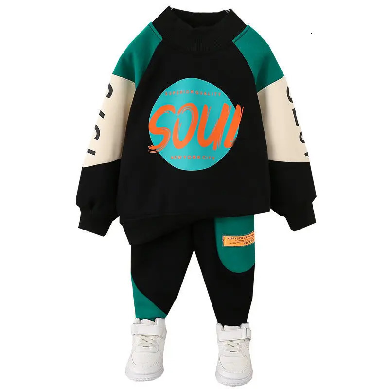 Boys Clothes Fleece Warm Hoodies Trousers Sets Kids Autumn Winter Letter Printed Sweatshirts Pants Outfits Baby Tracksuit 2-10Y 240117