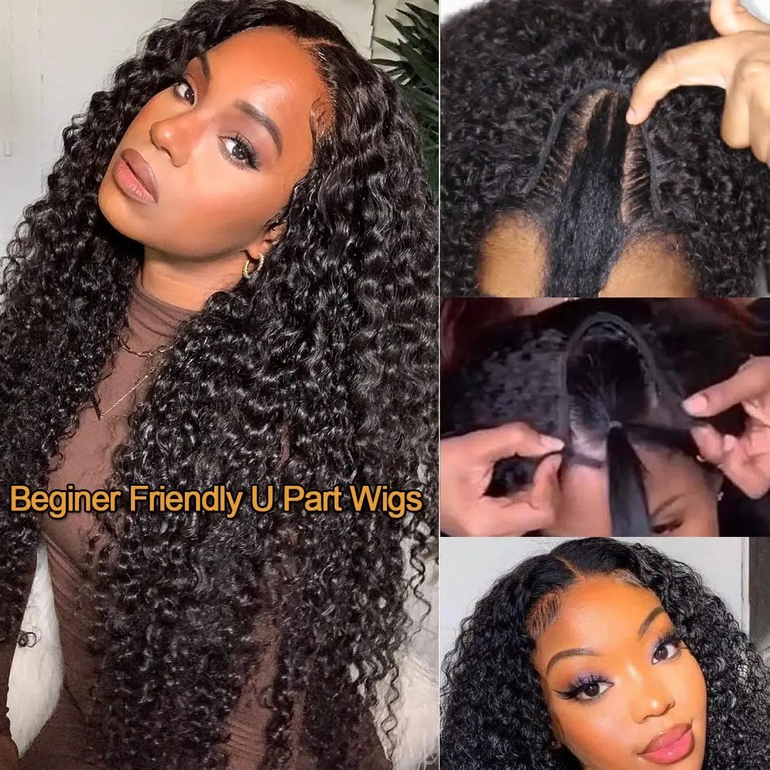 Sleek U Part Human Hair Wigs Curly BrazilianHair Wigs Natural Black Deep Wave Glueless U Part Wigs Body Wave V Part Wigs