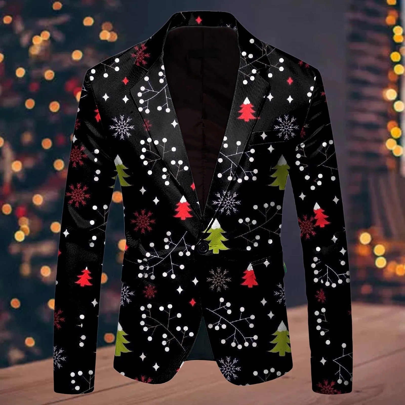 Men Suit Blazer Christmas Snowflake Santa Printed Pocket Lapel Button Suit Jacket Fashion Suit Gentleman Party Suit Men Clothing 240117