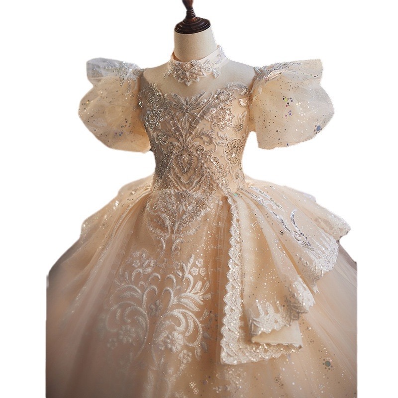 New Ball Gown Lace Girls Pageant Dresses Beaded Sheer Bateau Neck Flower Girl Dress Crystals Sequined Lace Embroidery Toddler Girl First Holy Communio