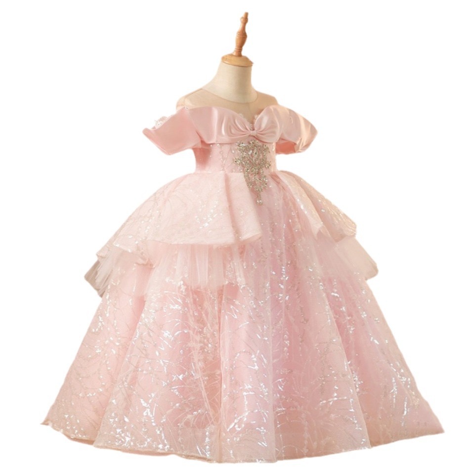 2024 Luxurious Pink Shiny Flower Girl Lace Beaded Tiers Lilttle Kids Weddding Tulle Puff Birthday Party Dresses Pageant Gowns 403