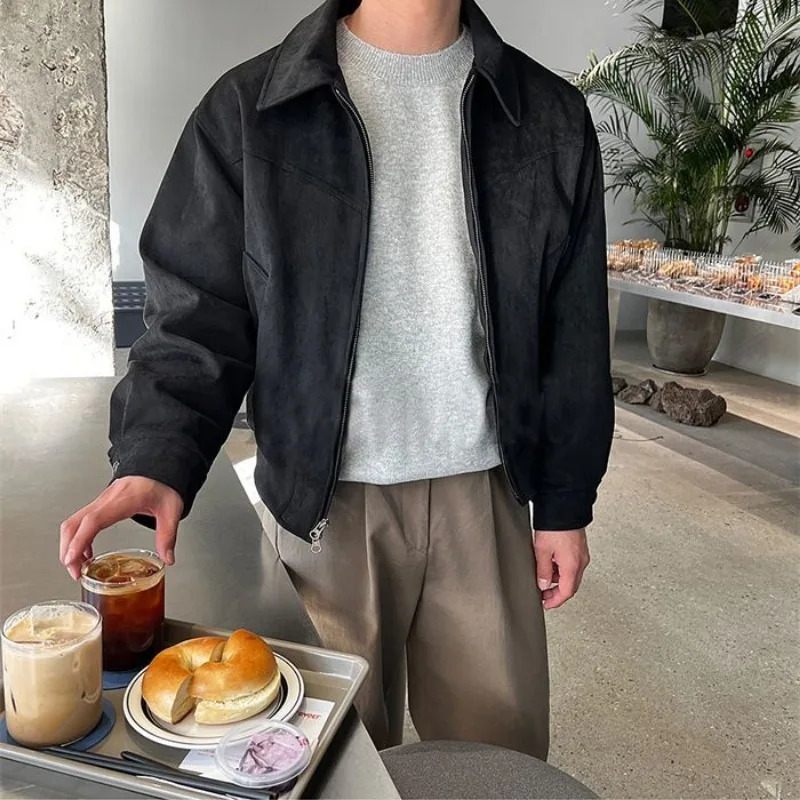 Elegant Solid Brown Coat Men's Spring Autumn Highend Loose Lapel Plush Top Winter Zipper Short Jacket Vintage Streetwear 240117