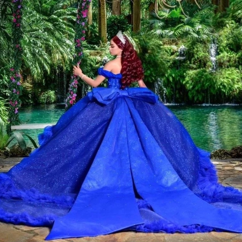 Royal Blue Quinceanera Dress Ball Gown Tulle Off the Shoulder Luxury Quinceanera Gown Sheer Applique Lace Beads Girl's Sweet 16 Dress
