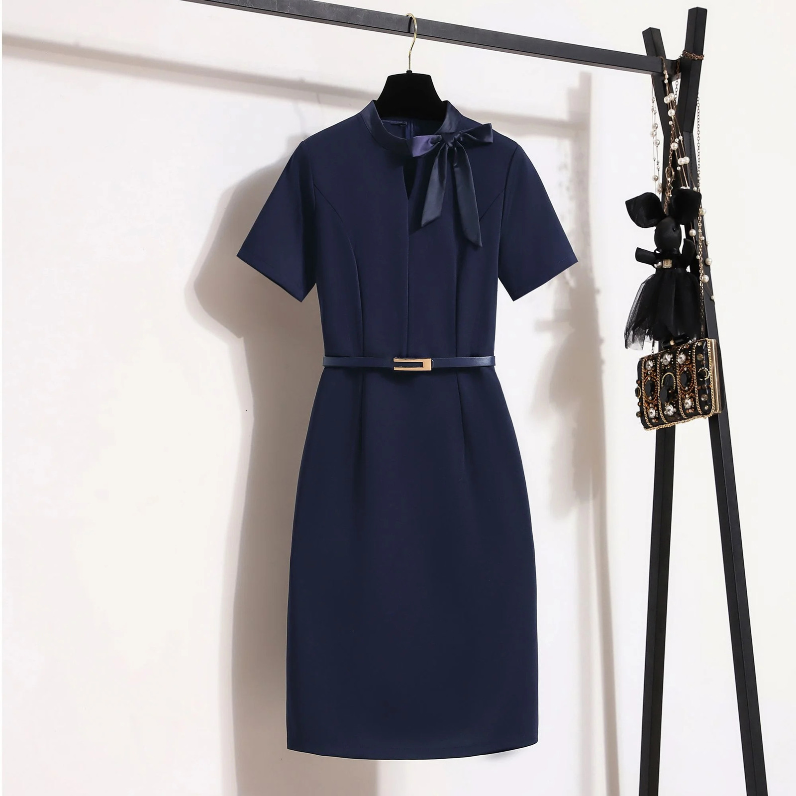 Summer Slim Professional Work Pencil Dress Elegant Women's Belt Bow Navy el Jewelry Shop Club Korean Style Clothing 240117