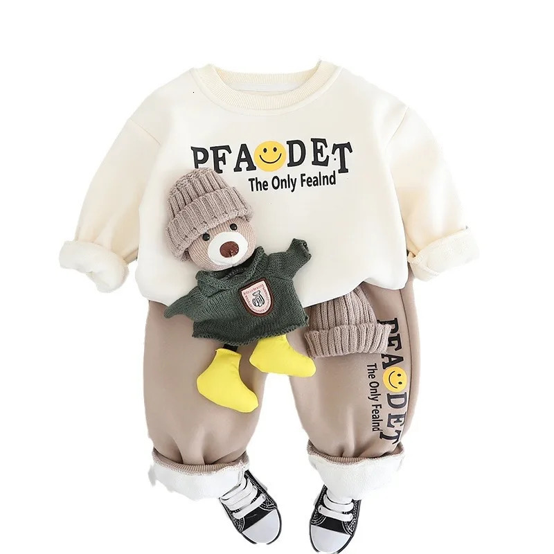 Autumn Winter Children Boy 2PCS Clothes Set Cartoon Doll Letter Cotton Pullovers Fleece Pant Baby Boy Outfits Kid Boy Suits 240117