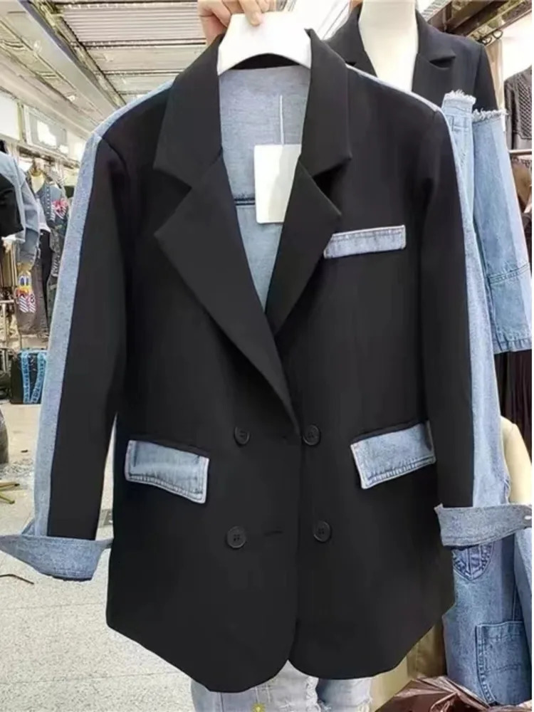 Casual Suit Jacket Women 2023 Korean Fashion Autumn Personality Loose Denim Patchwork Blazer Coat Femme Jackets 240117