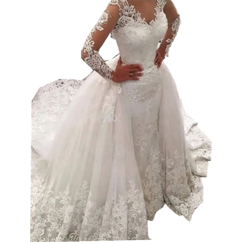 V-Neck Lace Wedding Dress With Detachable Skirt Long Sleeves Open Back Buttons Luxury Bridal Gowns Ivory Elegant Princess Bride Dresses Robe De Mariee