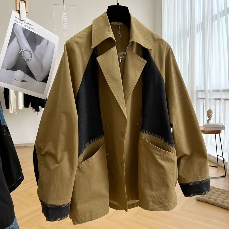 EWQ Denim Stitching Long Sleeve Trend Ladies Coat Korean Clothing Big Size Black Jacket Top 2023 Spring Autumn 240117