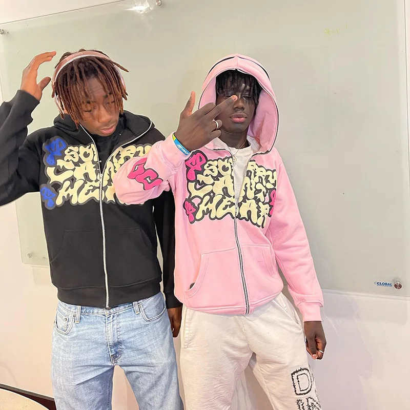 Harajuku Jacket Letter Print Coat Men Women Jackets pink Zip Hooded Sweatshirt Oversized Long-sleeved Zipper Top Casual Hoodies 240117