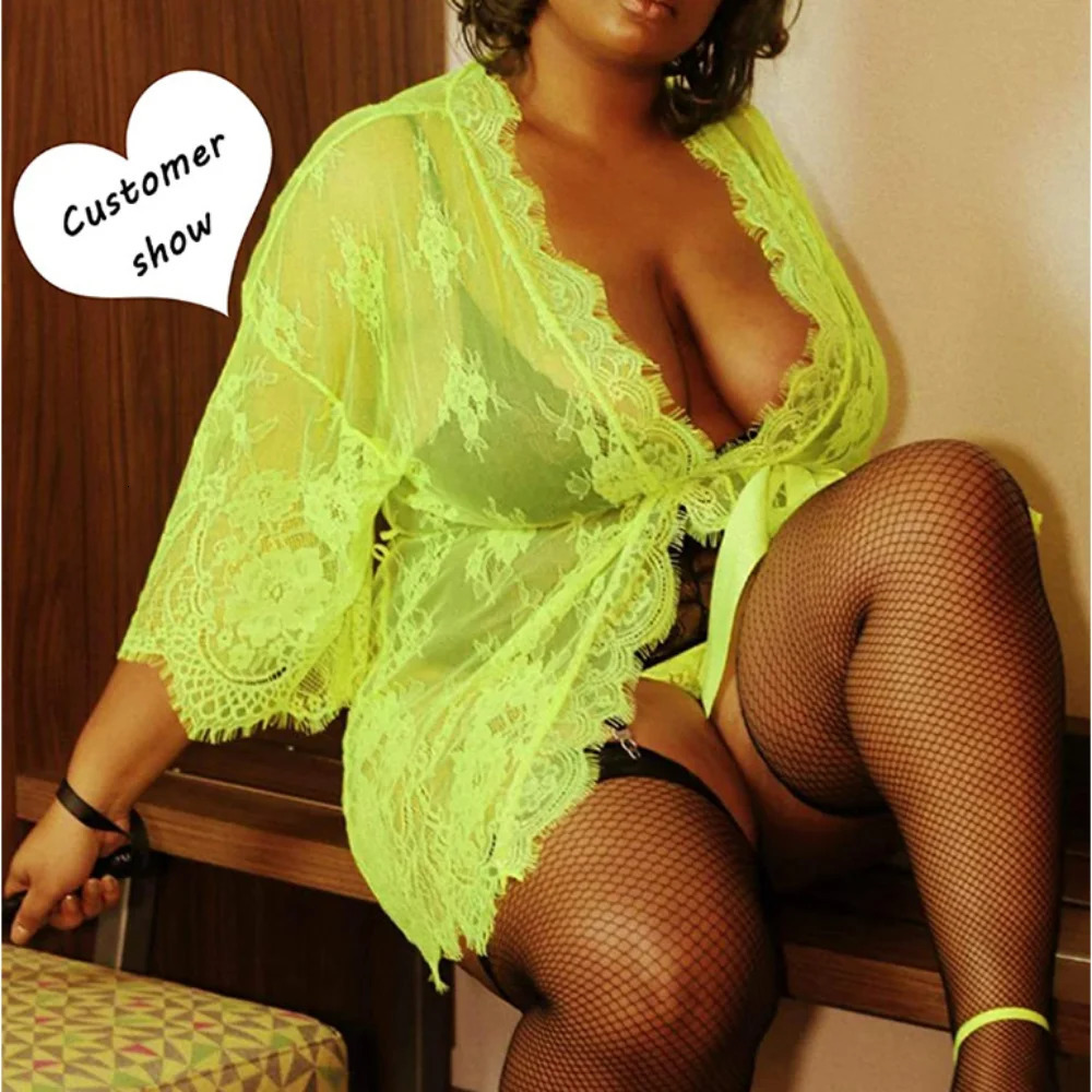 Sexy Lace Mesh Kimono Babydolls Plus Size Sheer Lingerie Women Body Transparent Robe Sleepwear Bridal Wedding Dress Pajamas 240117