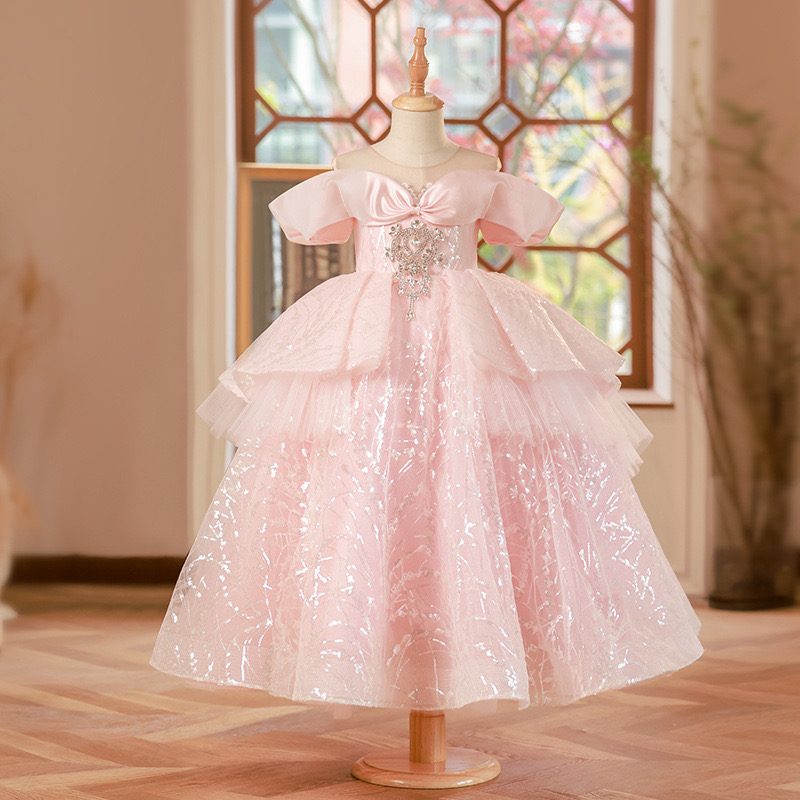 2024 Luxurious Pink Shiny Flower Girl Lace Beaded Tiers Lilttle Kids Weddding Tulle Puff Birthday Party Dresses Pageant Gowns 403