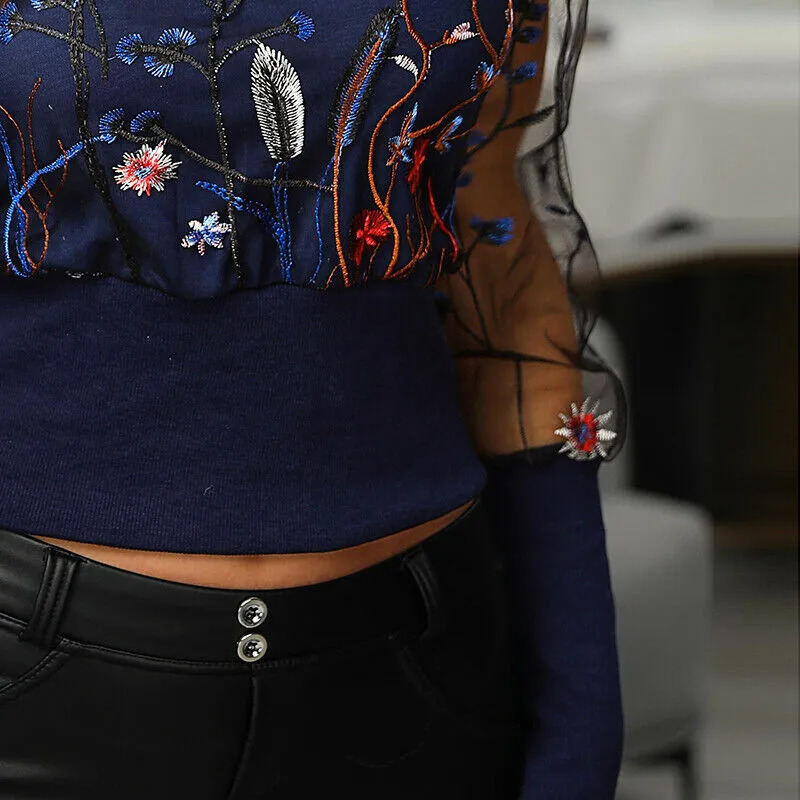 Women Patchwork Mesh Embroidered Floral Long Sleeve Blouse Tops Ladies Slim Crew Neck Pullover Shirt Summer Spring Blusas 240117