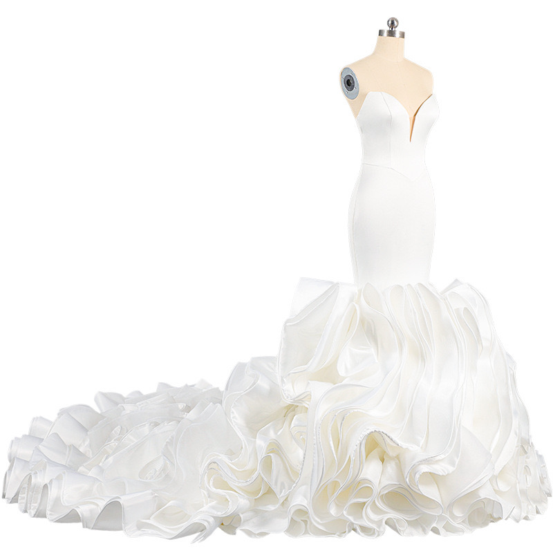2024 Elegant Satin Mermaid Wedding Dresses New Ruffles Bridal Gown Chapel Sexy Neck Long Train Tulle White Boho Custom Made Plus Size Vestidos De Novi