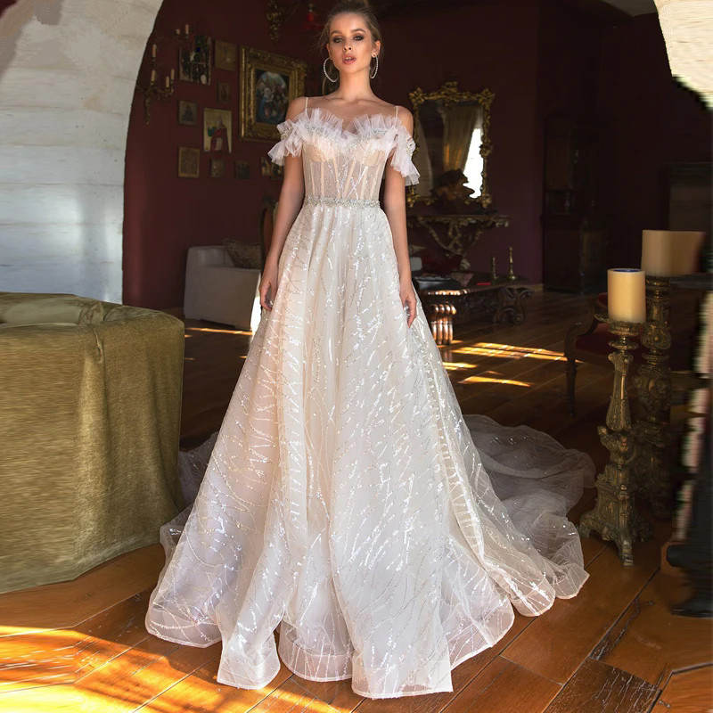Organza Vestido De Novia Wedding Dress Shiny Off Shouder For Women With Lace Backless Bride Gowns Chepal Train 328