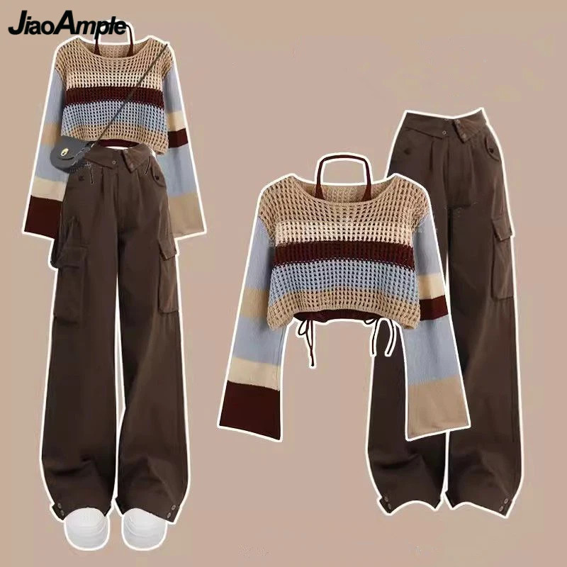 Spring Autumn Sweater Halter Sling Cargo Pants 1 or 3 Piece Set Women Casaul Multi Stripe Knit Tops Vest Trousers Outfits 240117