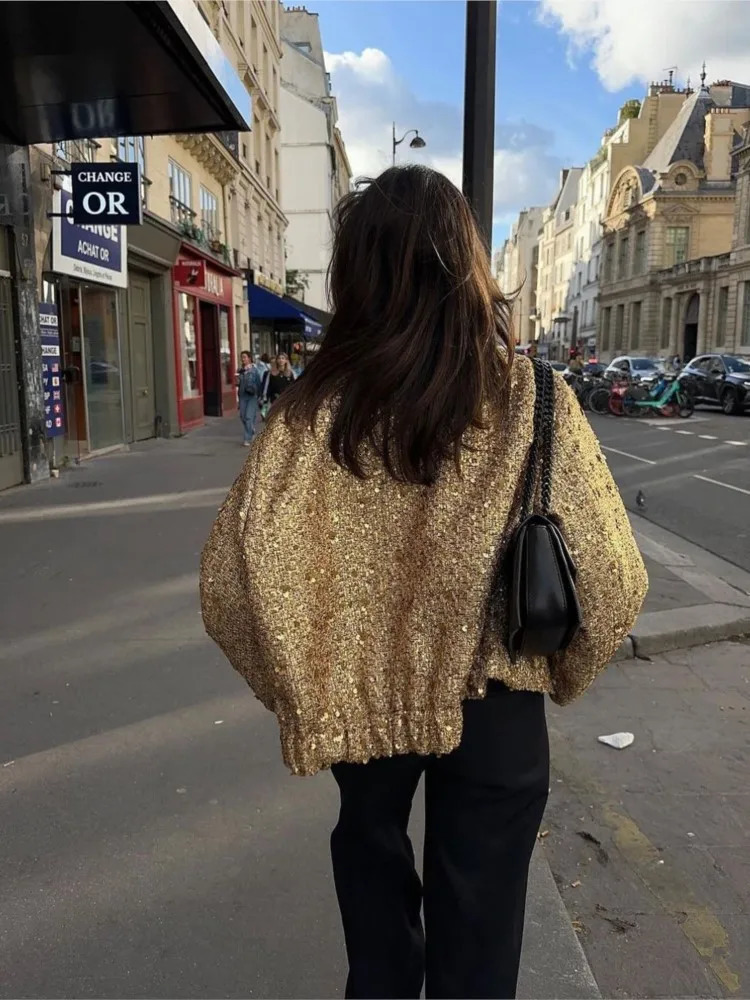 Women Fashion Shiny Sequin Jacket Y2k Gold Color Stand Collar Long Sleeve Short Coat Autumn Winter Ladies High Streetwear 240117