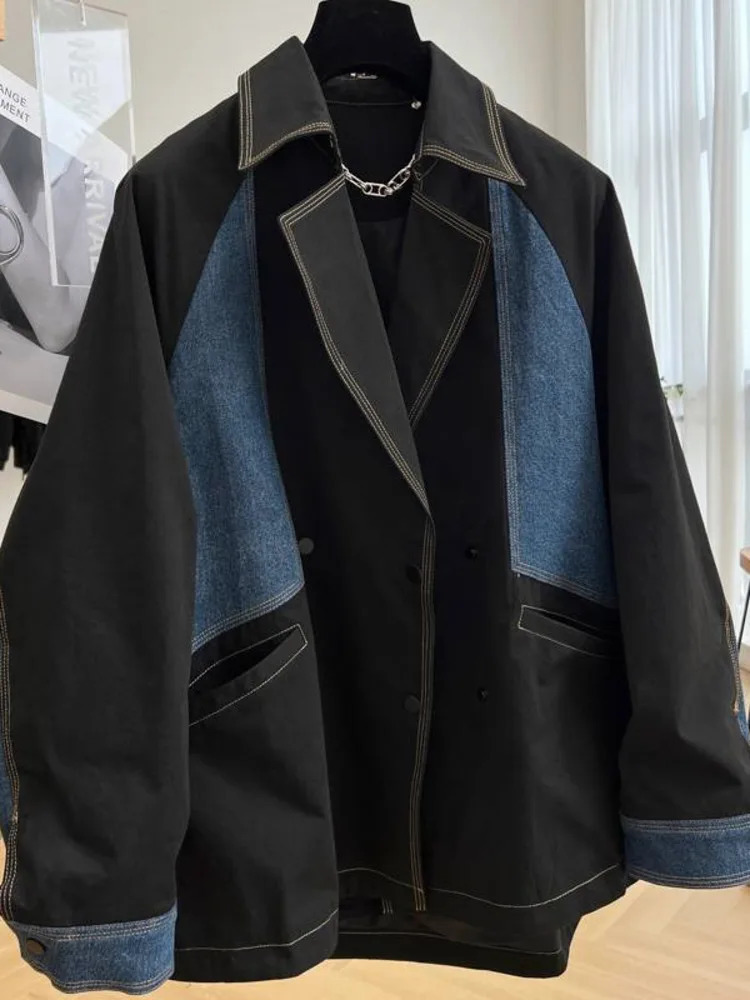 EWQ Denim Stitching Long Sleeve Trend Ladies Coat Korean Clothing Big Size Black Jacket Top 2023 Spring Autumn 240117