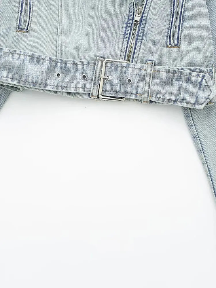 Nlzgmsj TRAF Women's Fashion 2023 Denim Biker Jacket Women Vintage Lapel Long Sleeve Zipper Belt Female Chic Coat 240117