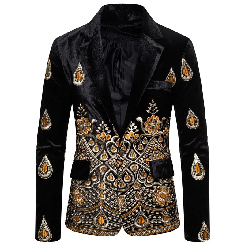 High Quality Men's Blazer Costume Stage Jacket Suit Male Velvet Gold Thread Embroidered Dress Suit for Men 240117