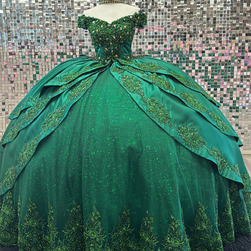 Green Shiny Off the Shoulder Quinceanera Dresses Beads Applique Lace Sweet 16 Birthday Party Ball Gowns vestidos de 15