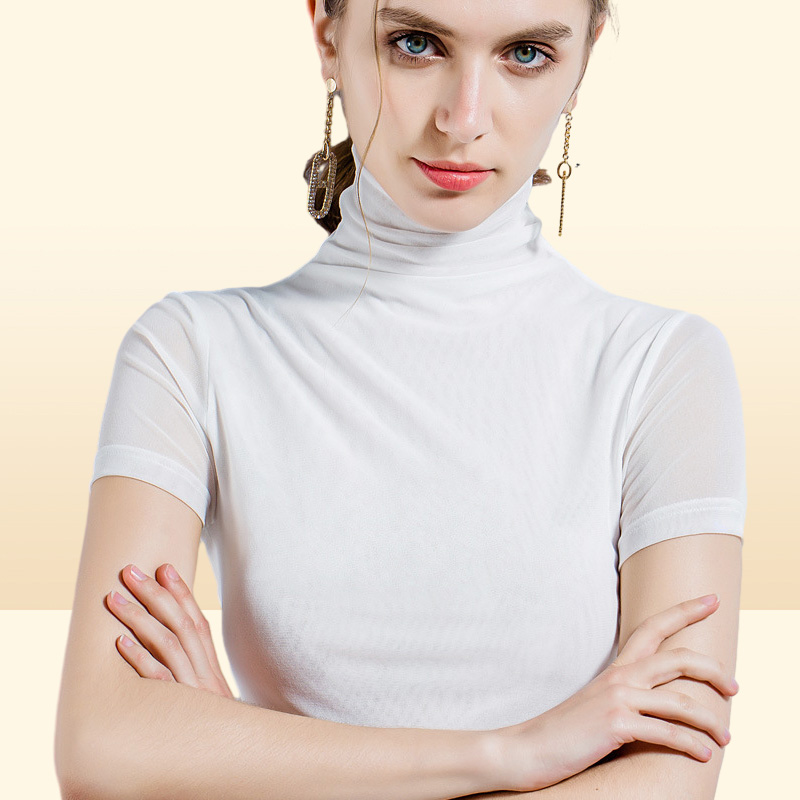 Womens Short Sleeve TShirt Womens Turtleneck Mesh Bottoming Shirt Summer New Solid Color Tight Shirt Asian Size4835001