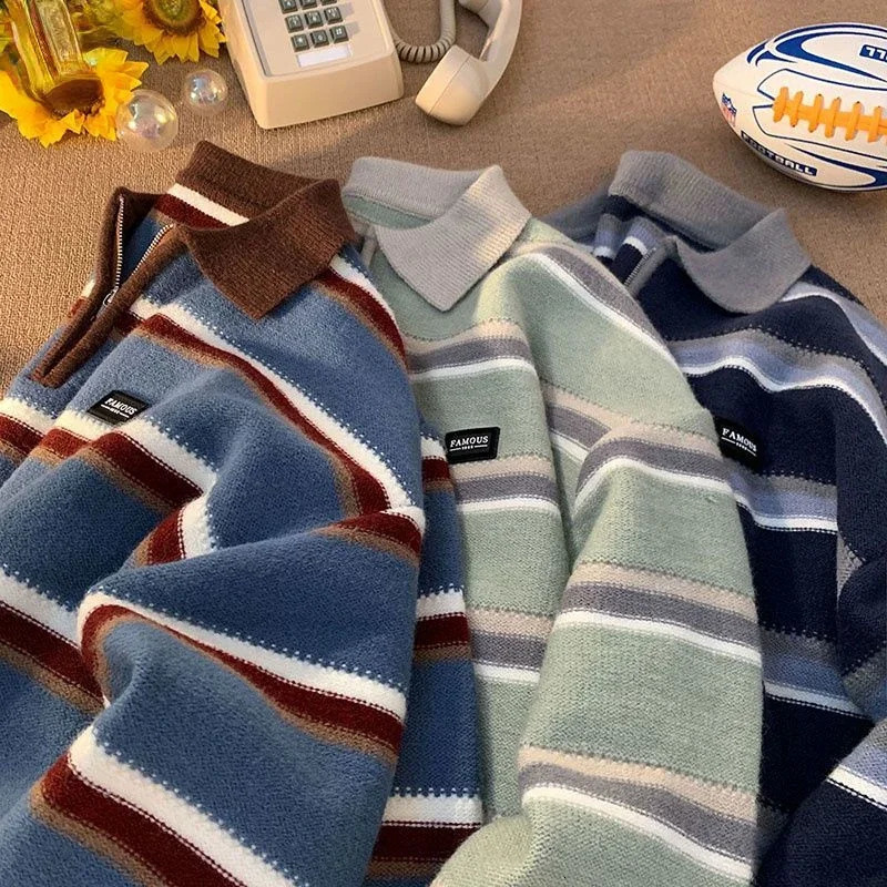 Fashionable Korean retro knitted warm thickened sweater winter y2k men street personalized loose and simple sports hoodie 240117