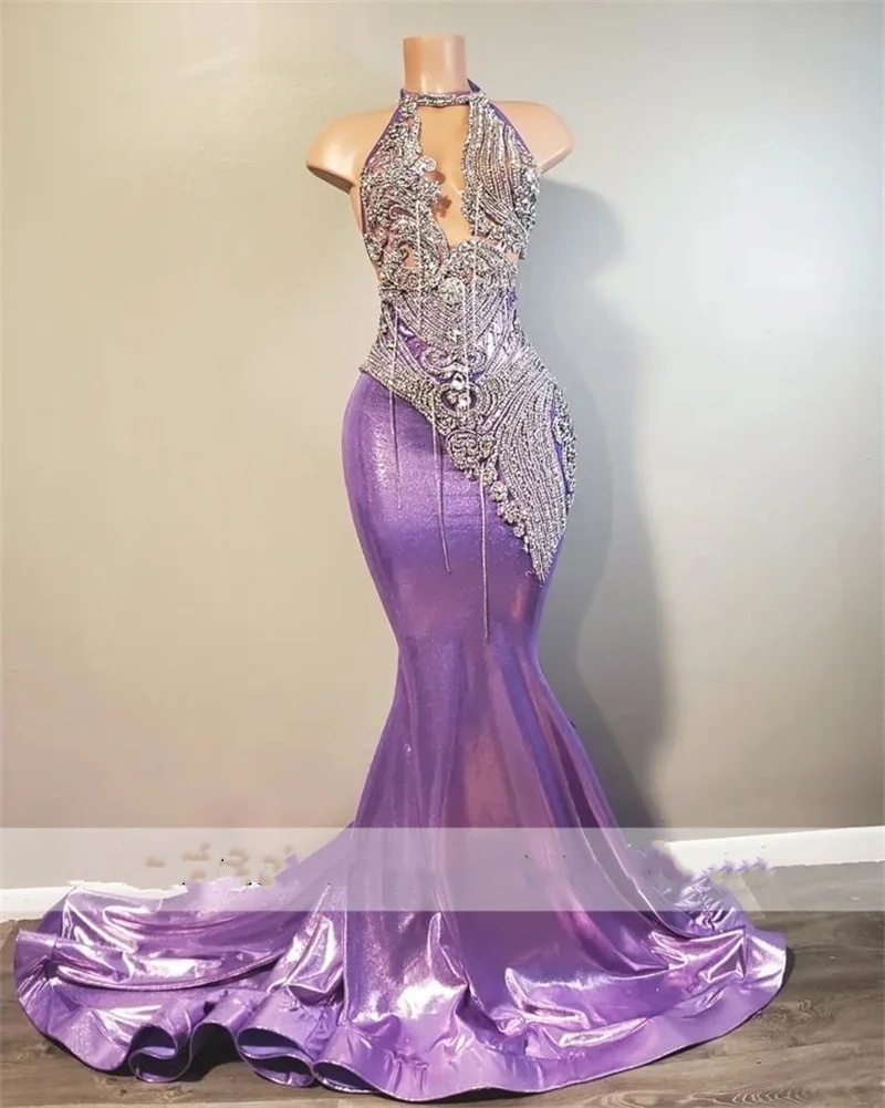 Gorgeous Long Purple Prom Dresses 2024 Mermaid Halter Style Sparkly Rhinestones Crystals Gown For Black Girls 322