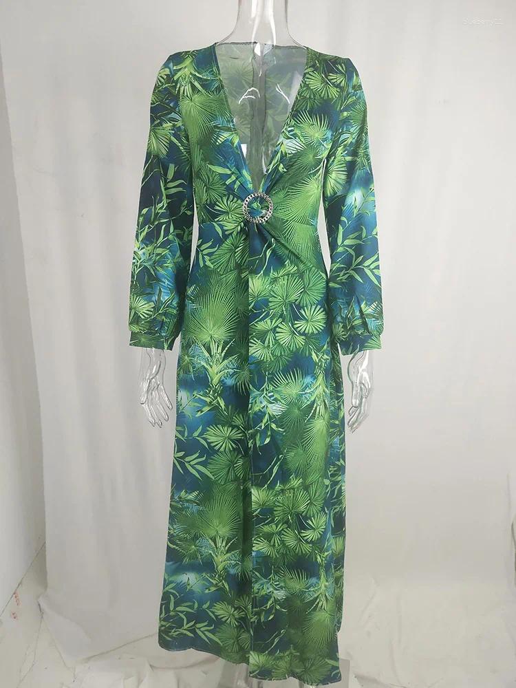 Casual Dresses Tropical Print Plunging Neck Split Thigh Maxi Dress Women Sexy Long Printed V-Neck