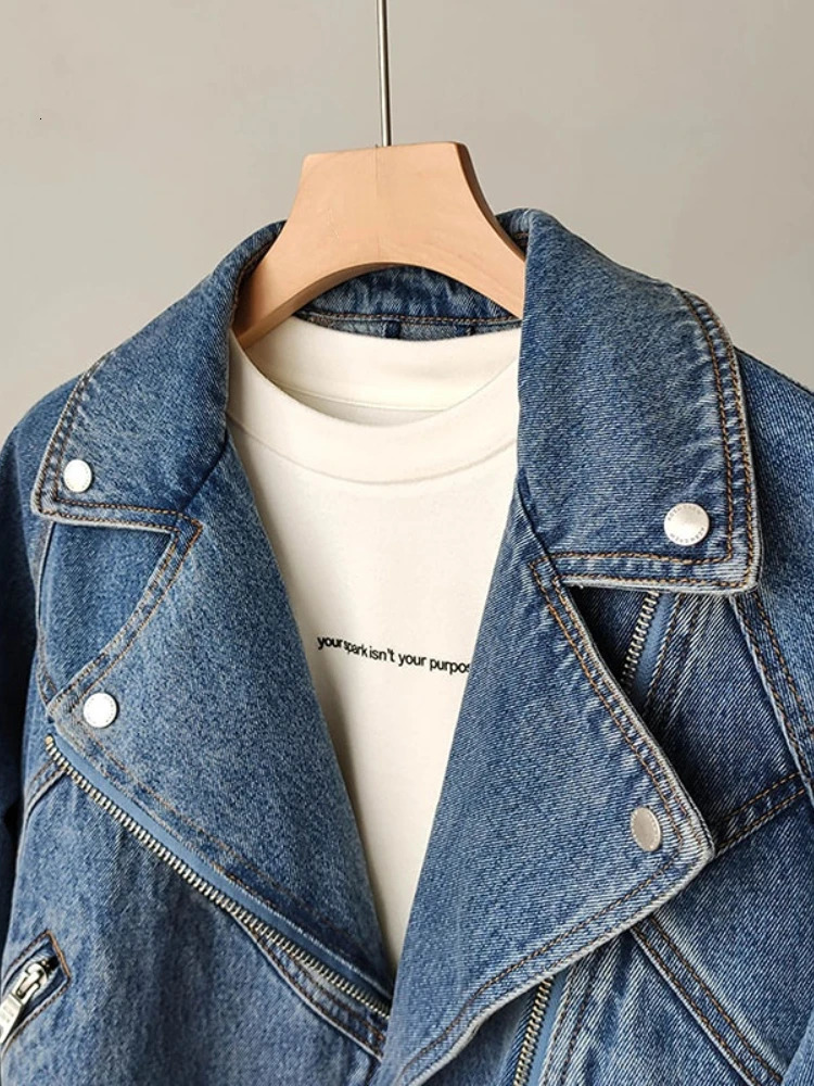 FTLZZ Spring Autumn Women Casual Moto Biker Denim Jacket Lady Vintage Loose Lapel Zipper Solid Color Short Cowboy Coat 240117