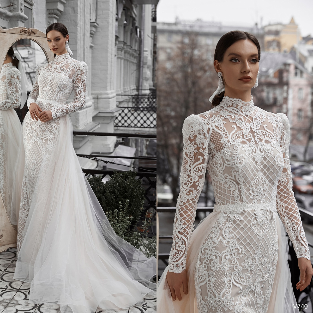 Romantic High Collar Mermaid Wedding Dresses Lace Appliques Bridal Gowns Detachable Train Long Sleeve Bride Dresses Custom Made