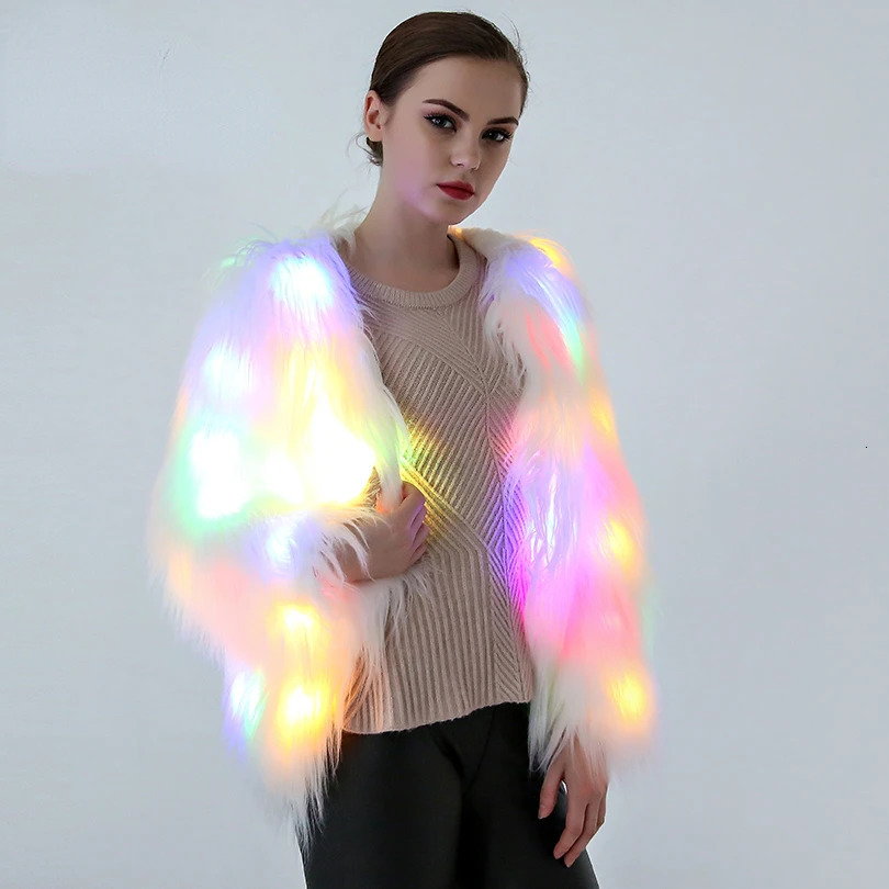 Women Faux Fur LED Light Coat Christmas Costumes Cosplay Fluffy Fur Jacket Outwear Winter Warm Festival Party Club Overcoat 240117